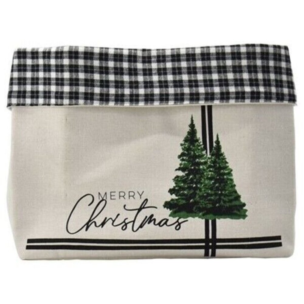 Merry Pine Tree Christmas Tree Skirt Black and White Canvas Storage Display